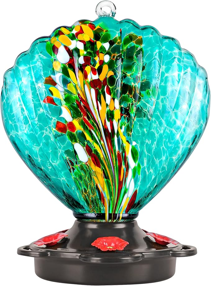 LUJII Seashell Shaped Hand Blown Glass Hummingbird Feeder for Outdoors Hanging, Rust Proof & Leak Proof, 25 fl.oz, Unique Gardening Gift for Women, Garden & Backyard Decor, Teal