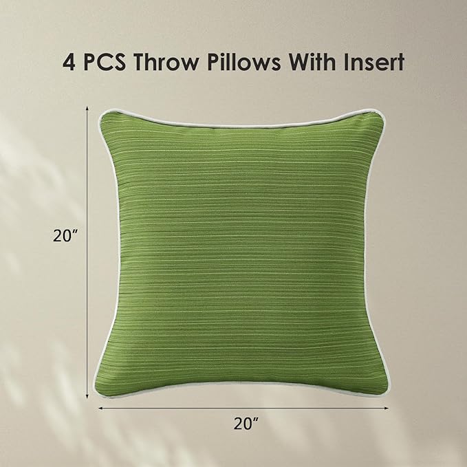 Decorative Outdoor Water Repellent Throw Pillows with Inserts, Set of 4, 20" x20" Pillows for Patio, Backyard, Bed, Couch, and Patio Furniture, Lawn Green