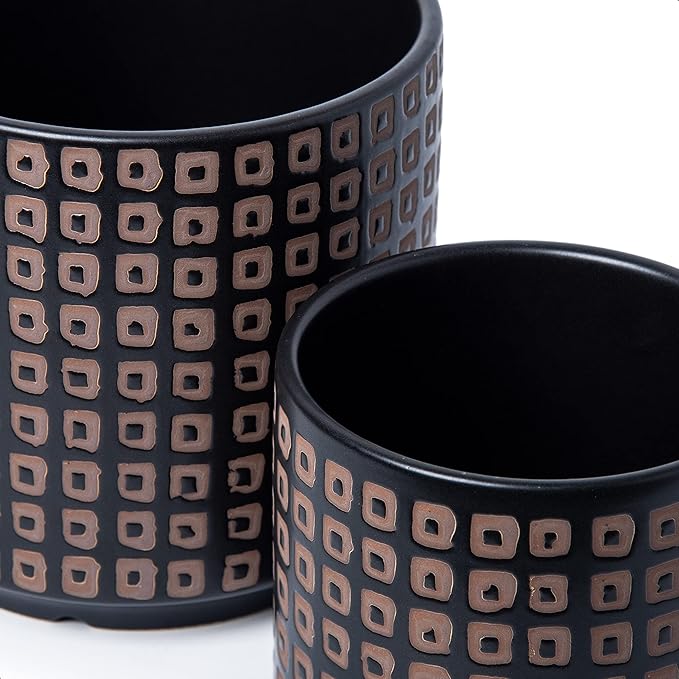 D'vine Dev Set of 2 Ceramic Planter Pots with Drainage Hole and Saucer, 6 Inch Plant Pots for Plants Indoor Houseplants, Black, 99-Z-A-2-Y