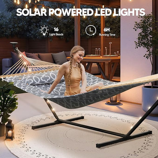 SUNCREAT Hammocks Outdoor 2 Person Hammock with Solar Powered Lights, Double Hammock with 12 ft Stand Included, Light Gray