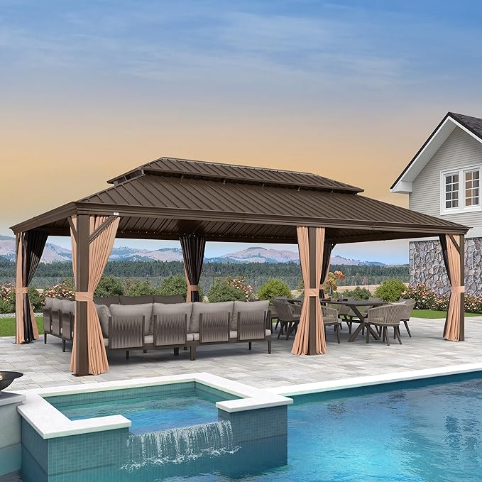 PURPLE LEAF 14' X 24' Outdoor Hardtop Gazebo Patio Wide Aluminum Frame Metal Double Roof with Heavy Duty Netting and Curtains for Permanent Hard Top Pavilion Screen, Khaki
