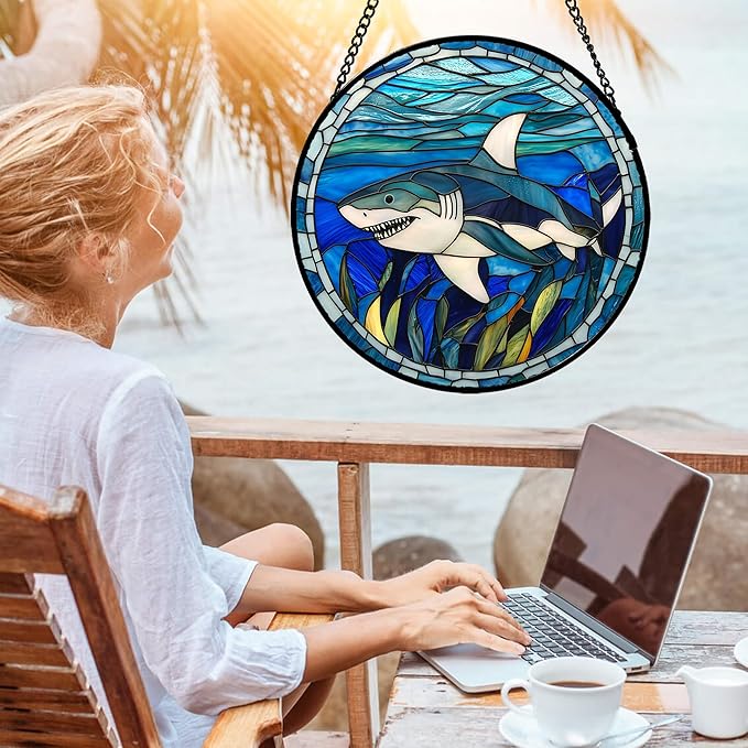 Stained Glass Suncatcher, Blue Ocean Big Shark Sun Catcher Waterweed Stain Glass Window Hanging Decoration Mother's Day Birthday Gifts for Women Men Mom Nana 15 in
