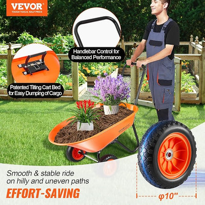 VEVOR Wheelbarrow Cart, 5 Cu. Ft. Load & 397 lbs Capacity, 2 Wheels Garden Dump Cart, Garden Wagon with Handle & 10" Wide Track Wheels, Easy Loading Utility Yard Cart & Wagons for Outdoor Lawn Yard