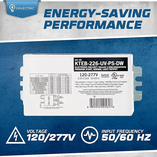 OHLECTRIC Replacement for Keystone KTEB-226-UV-PS-DW | 2 Lamp Compact Fluorescent Electronic Ballast | 26 Watts & 120-277V Input | High Power Factor & Program Start | UL Listed