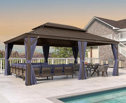 PURPLE LEAF 14' X 20' Outdoor Hardtop Gazebo Patio Wide Aluminum Frame Metal Double Roof with Heavy Duty Netting and Curtains for Permanent Hard Top Pavilion Screen, Navy Blue