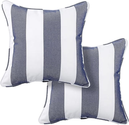 Outdoor Throw Pillow with Insert 18x18 Inch, Set of 2, Piping Edge Waterproof Fade Resistant Decorative Fluffy Pillows for Patio Furniture Chair Bench Couch Sofa - Navy White Striped