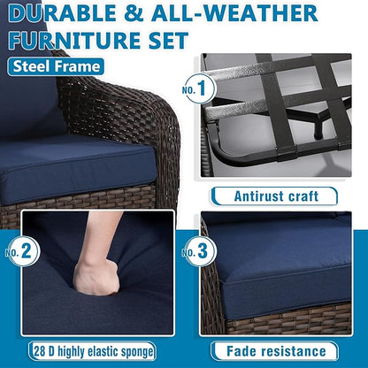 Vista Vibe Outdoor Patio Deep Seat Chairs Set of 2, Washable Cushions, Hand-Woven PE Rattan, All-Weather & Steel Frame, Garden, Bistro, Deck, Yard (Navy)