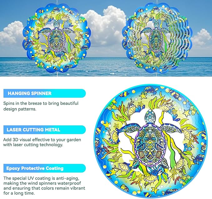 Wind Spinners,12 inch Sea Turtle with 360° Swivel Hook for Yard and Garden, Bird Wind Catcher, Metal Wind Spinners Outdoor for Lawn Hanging Crafts Decor Kinetic Yard Art Ornament Gifts