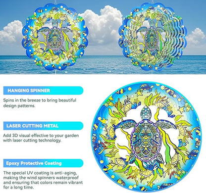 Wind Spinners,12 inch Sea Turtle with 360° Swivel Hook for Yard and Garden, Bird Wind Catcher, Metal Wind Spinners Outdoor for Lawn Hanging Crafts Decor Kinetic Yard Art Ornament Gifts