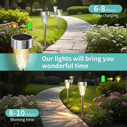 Solar Pathway Lights Outdoor, 8 Pack Stainless Steel Waterproof Solar Lights for Outside, Auto On/Off Warm White Garden Light for Yard, Lawn Driveway Landscape Backyard Walkway