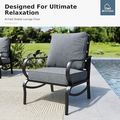 MFSTUDIO 6 Pieces Patio Furniture Sets with 45" Gas Fire Pit Table(Up to 7 Seat), Outdoor Metal Frame Patio Conversation Sofas with 1 x 3-Seat Sofa, 2 Sofa Chairs and 2 Ottoman, Grey Cushion