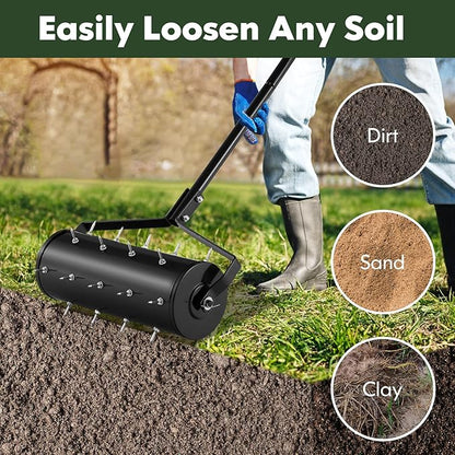 S AFSTAR 18" Manual Lawn Aerator, Heavy Duty Rolling Aerator Lawn Tool Filled Sand Stone with 51" Detachable Handle & Tine Spikes for Soil Loosening, Push Grass Aeration for Garden Yard, Black