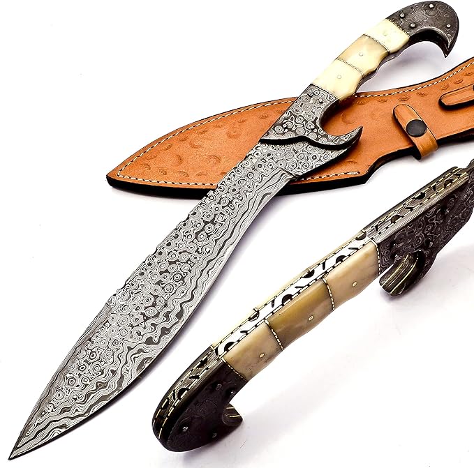 Nooraki MK-2007 Handmade Damascus Steel Fixed Blade Machete/Kukri Knife with Leather Sheath, Full Tang Multipurpose Knife with Camel Bone Handle for Hunting, Hiking, Camping, Survival, 18" Length