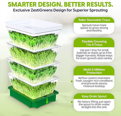 ZESTIGREENS 4-Tier Sprouting Kit with Drain Spout – Stackable Seed Sprouter Trays for Growing Fresh Sprouts at Home – BPA-Free, Easy Rinse & Drain System