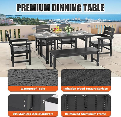 6-Piece HIPS Patio Dining Set, Outdoor Dining Table and Chairs Set with Umbrella Hole, Weatherproof Dining Table Set for 6 Person, Patio Furniture Set for Outside Deck, Black