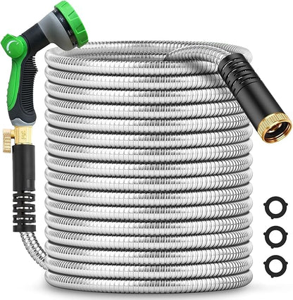 100Ft Metal Garden Hose durable stainless steel Water Hose, flexible, lightweight hose is resistant to kinks and tangles.With 10-way nozzle, strong 3/4” metal fittings, and a shut-off valve.