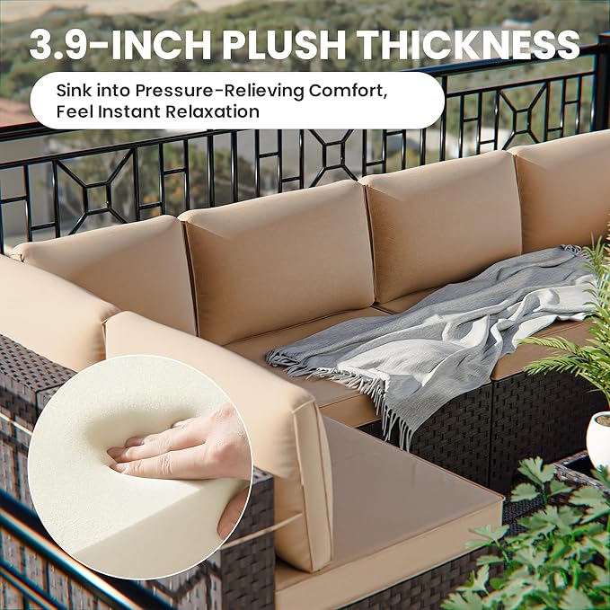 12 Pcs Outdoor Patio Furniture Set Outdoor Furniture All Weather Patio Sectional Sofa PE Wicker Modular Conversation Sets with Coffee Table, Swivel Rocking Chair (Sand)