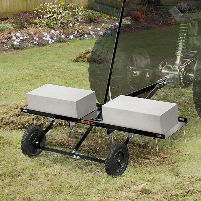 VEVOR Tow Behind Dethatcher, 40-inch Tow Dethatcher with 20 Spring Steel Tines, Lawn Dethatcher Rake for ATV or Mower, Tow Behind Lawn Rake with Lift Handle for Garden Farm Grass
