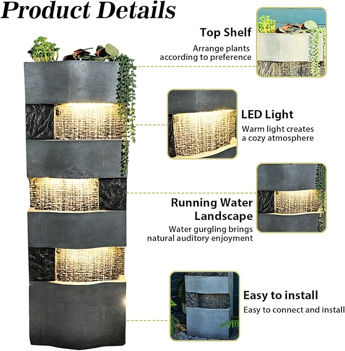 40.5''H Garden Water Fountain Outdoor,4 Tiered Floor Standing Waterfall Outdoor Fountains with LED Lights for Garden, Patio, Backyard, Deck, Porch and Home Art Decor