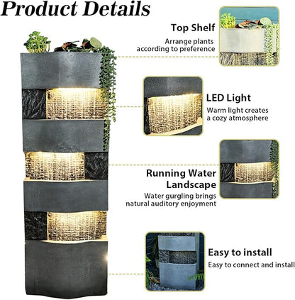 40.5''H Garden Water Fountain Outdoor,4 Tiered Floor Standing Waterfall Outdoor Fountains with LED Lights for Garden, Patio, Backyard, Deck, Porch and Home Art Decor
