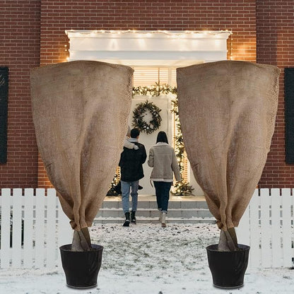 3 Pack 24'' x 40'' Reusable Warm Burlap Winter Plant Cover Bags with Drawstring Burlap Plant Covers Freeze Protection Large Plant Frost Cloth Cold Freeze Blanket Protecting Fruit Tree Potted Plants