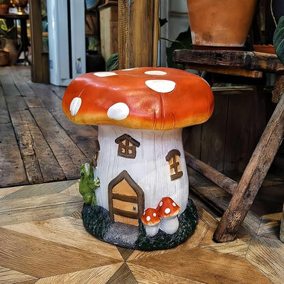 14''H Mushroom House Statue Outdoor Statues Garden Resin Stool Over Sized Sculpture Fairy Forest Pedestal Spring Decor for Home Courtyard Lawn Patio Summer Ornament Indoor Stool