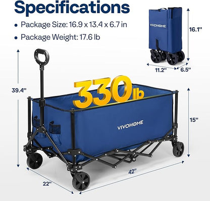 VIVOHOME Collapsible Wagon Carts, 330lbs 220L Utility Heavy Duty Foldable Wagons with Universal Wheels, Cup Holders & Side Pocket, Adjustable Handle, for Camping, Garden, Sports, Picnic, Shopping