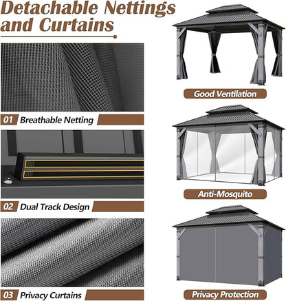 10x12FT Wood Gazebo,Outdoor Wooden Hardtop Gazebo with Galvanized Steel Doule Roof,Cedar Wood Frame Gazebos with Netting &Curtainfor Patio Backyard Deck