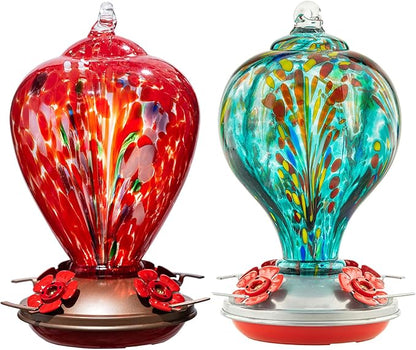 2 Packs Hummingbird Feeder for Outdoors Hanging, 34OZ & 32OZ Hand Blown Glass Hummingbird Feeders for Outside, Red & Teal
