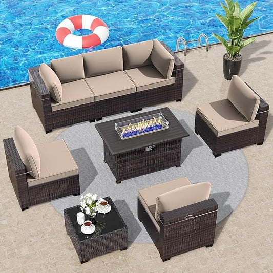 Outdoor Patio Furniture Set with Propane Fire Pit Table, 8 Pieces Outdoor Furniture Patio Sectional Sofa Conversation Set w/ETL Approved 43" Gas Outdoor Fire Table & Coffee Table Brown