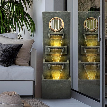watnature 39.3”H Modern Outdoor Waterfall Fountain - Tall Indoor Relaxing Floor Fountain Outdoor with Light&Pump, Contemporary 4-Tier Outdoor Fountains and Indoor Waterfalls for House, Office, Garden