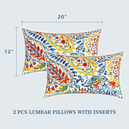 LVTXIII Set of 2 Outdoor Lumbar Pillows for Patio Furniture with White Piping, 12"x20" Fade Resistant Patio Lumbar Pillows with Inserts for Home Coach Sofa Use, Paisley Multi