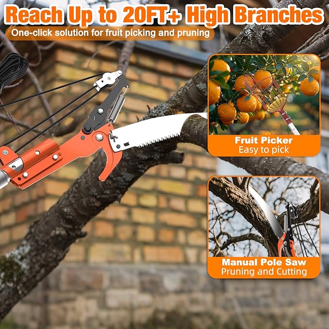 26FT Tree Trimmer, Manual Pole Saw with 5-20FT Extension Pole, Fruit Picker for Orange Lemon Mango Avocado Guava Fruit Picking