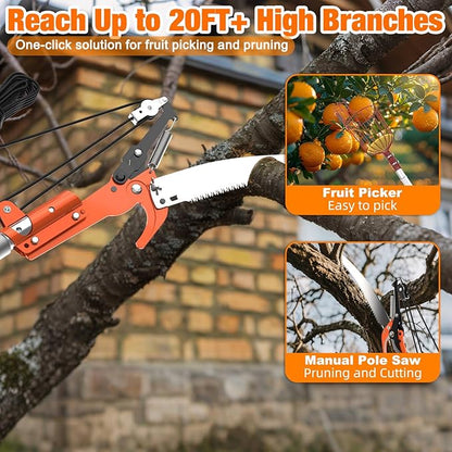 26FT Tree Trimmer, Manual Pole Saw with 5-20FT Extension Pole, Fruit Picker for Orange Lemon Mango Avocado Guava Fruit Picking