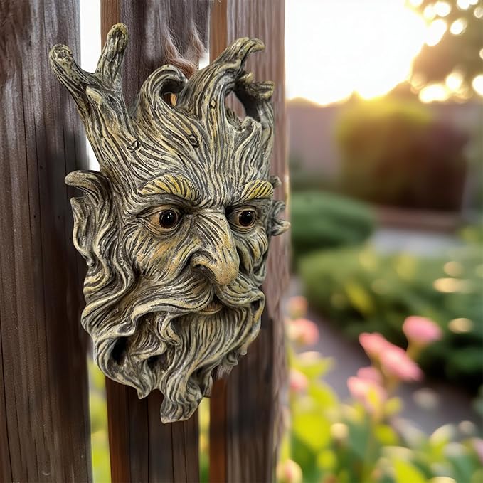 Mustache Tree Face Sculpture, Funny Mustache Old Man Tree Hugger Statue, Indoor & Outdoor Creative Props for Garden and Home,9" x 7" x 2.4"