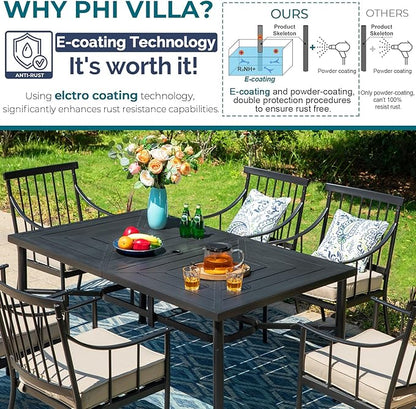 PHI VILLA 7 Piece Outdoor Dining Set for 6, 64" Metal Steel Dining Table with Umbrella Hole & Cushioned Iron Chairs for Patio, Yard, Porch, Deck