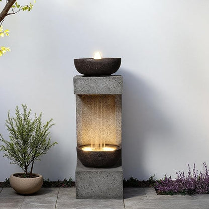 33.9" Waterfall Fountain Outdoor with LED Lights – Modern Rain Curtain Resin Garden Waterfall and Fountains, Bowl Design Outdoor Water Feature for Patio, Porch, Backyard, Lawn & Home Decor