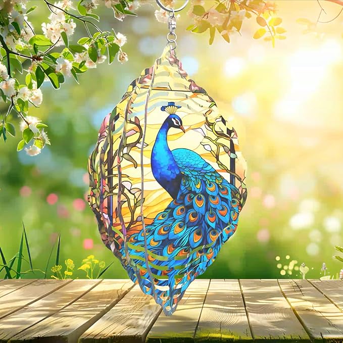 Peacock at Sunset Wind Spinner Stainless Steel Hanging Wind Spinners Mandala Kinetic Art 10 Inch Garden Decoration for Patios, Lawns, and Balconies