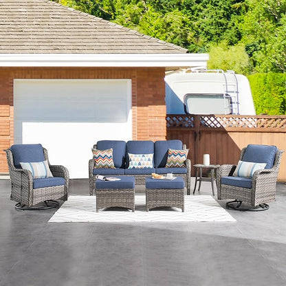 HOOOWOOO Patio Furniture Set,6 Piece Outdoor Furniture Set with Swivel Chairs,Wicker Patio Conversation Couch Chairs Ottoman Set,Denim Blue