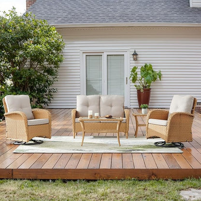 2 in 1 Porch Glider Swivel Chair - Outdoor Swivel Rocker Patio Wicker Chair with Thick Cushions, 300 Lb Weight Capacity Patio Swivel Glider Seating Yellow/Beige