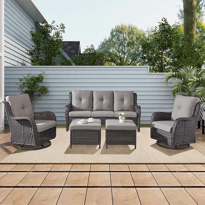 Rilyson 5 Piece Outdoor Patio Furniture Set - Rattan Wicker Patio Conversation Sets with 2 Swivel Rocker Chairs,2 Ottomans and 1 Sofa for Outside Porch Deck Backyard(Brown/Grey)