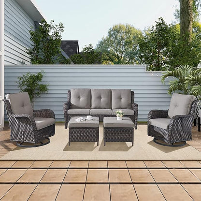 Rilyson 5 Piece Outdoor Patio Furniture Set - Rattan Wicker Patio Conversation Sets with 2 Swivel Rocker Chairs,2 Ottomans and 1 Sofa for Outside Porch Deck Backyard(Brown/Grey)