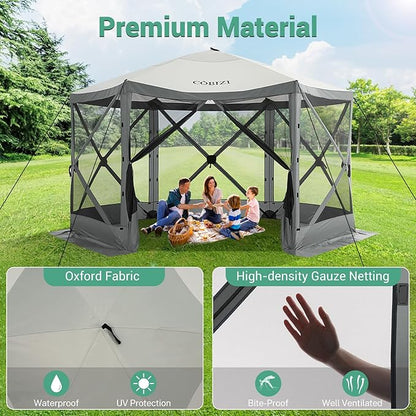 COBIZI 12x12ft Pop up Gazebo on Clearance Screen Canopy Tent for Camping, Camping Outdoor Screened Gazebo with Sidewalls, Portable Hub with Carrying Bag and Ground Stakes, Grey(Upgraded 2.0)