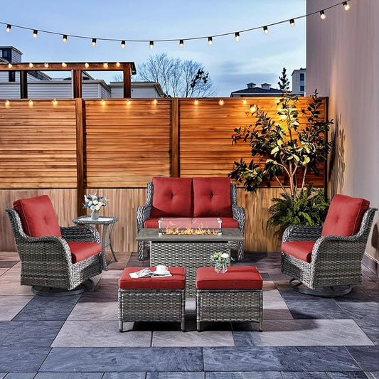 HUMMUH Patio Furniture Set with Fire Pit Table 6-Piece Wicker Outdoor Swivel Rocker Patio Chairs Loveseat Conversation Set for Porch, Backyard, Deck