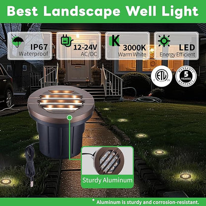 LED Well Light Kit, 6 Pack Low Voltage In Ground Landscape Lights and 100W Transformer and 100FT Cable and 30 Wire Connectors, 12V IP67 Waterproof, Aluminum for Patio Pathway Lawn