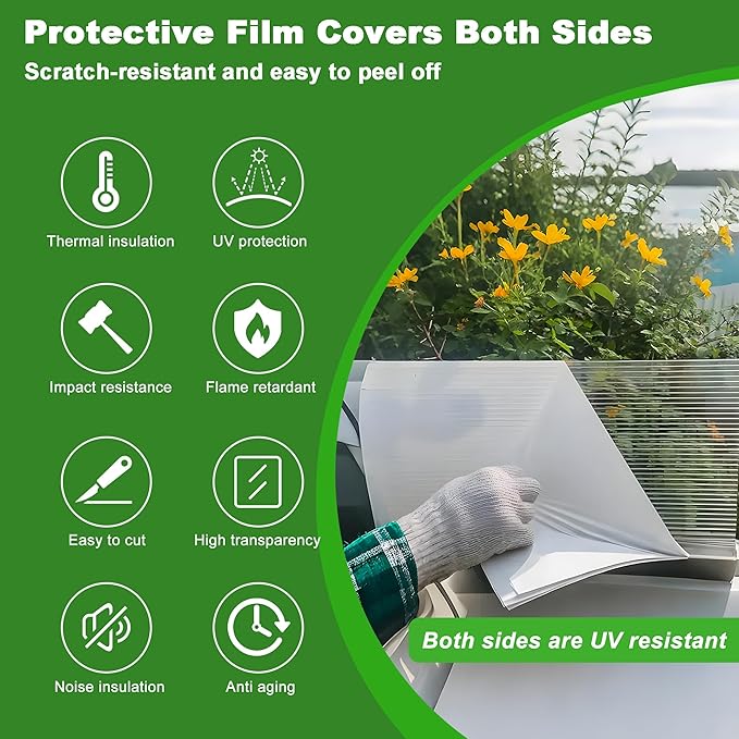 6PCS Polycarbonate Greenhouse Panels, 4' x 2' x 0.32'' Three-layer Honeycomb Panels Polycarbonate Sheet, Clear Waterproof UV Protected Corrugated Plastic Roof Panels for Greenhouse Replacement
