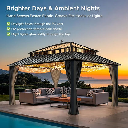 SUNJOY Kingston 16' x 12' Hardtop Gazebo with Galvanized Steel/Polycarbonate Double Roof, Curtain and Netting, Gray Aluminum Posts Permanent Pavilion Gazebo for Garden, Patio, Deck, Lawn