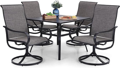 PHI VILLA 5 Piece Patio Dining Set Clearance with 4 Swivel Dining Chairs & 1 Square Metal Dining Table with 1.57 inches Hole, for Outdoor Kitchen Lawn & Garden Black Coated