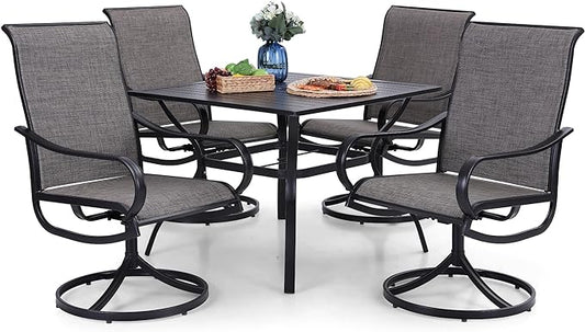 PHI VILLA 5 Piece Patio Dining Set Clearance with 4 Swivel Dining Chairs & 1 Square Metal Dining Table with 1.57 inches Hole, for Outdoor Kitchen Lawn & Garden Black Coated