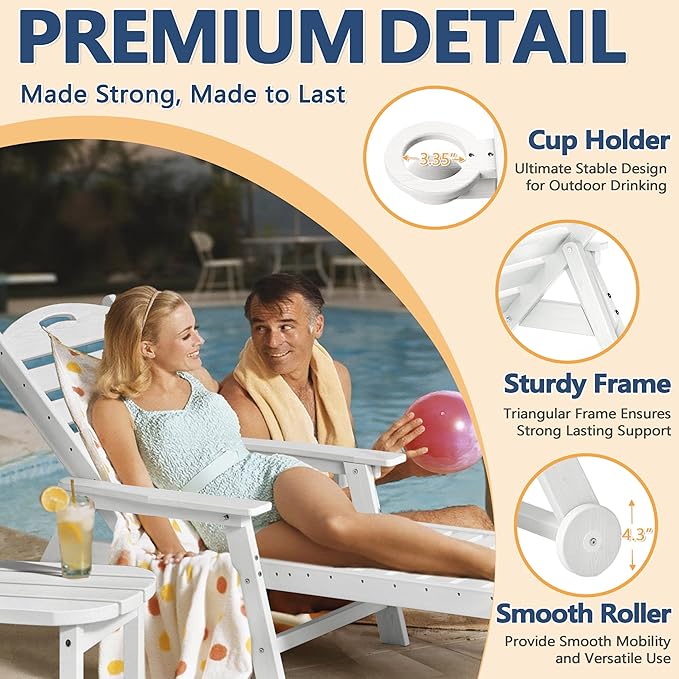 Patio Chaise Lounge Chair Set of 4, HDPE Outdoor Lounge Chairs with 5-Position Adjustable Backrest, Cup Holder and Wheels, 450lbs Capacity for Poolside Deck Backyard, All Weather Material(White)